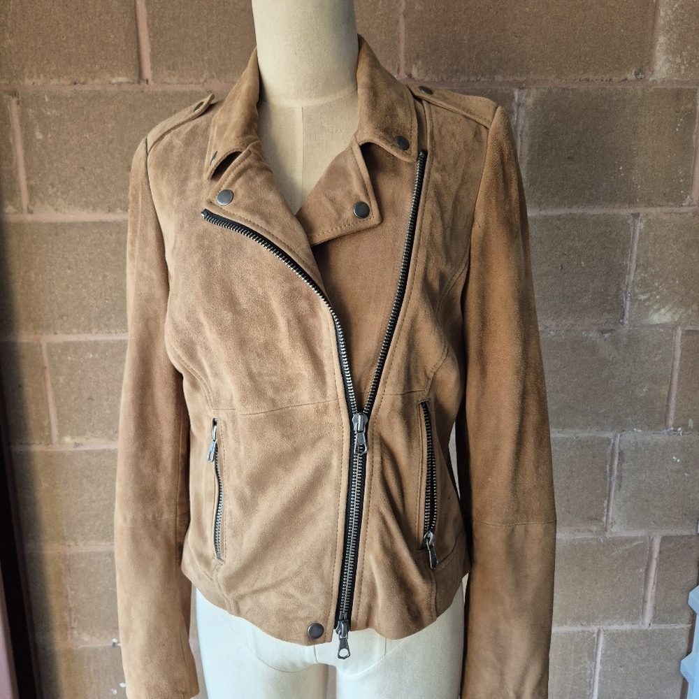 SET Urban Deluxe Suede Moto Jacket Camel Tan Leather Biker Coat US 8